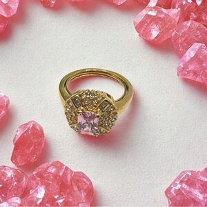 Pink Gemstone Gold Tone Ring Cocktail Ring Signed NV Adjustable Flex Size 9-11